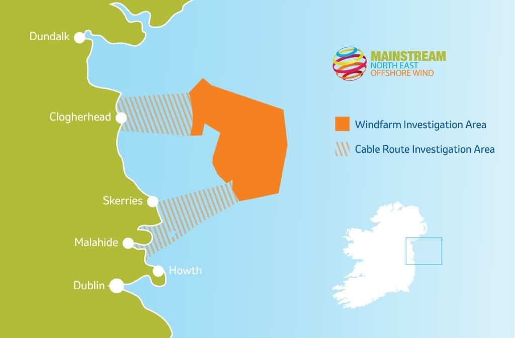 Map depicting the windfarm and cable route survey areas